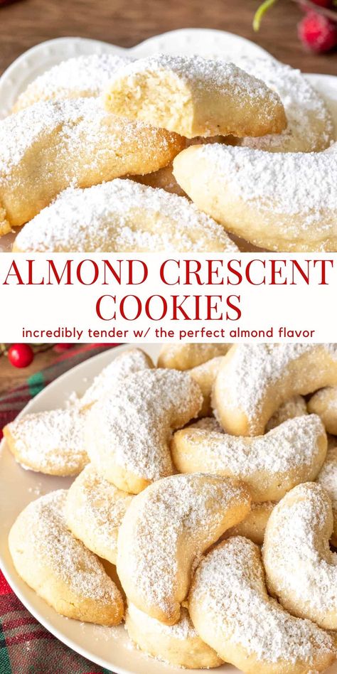 These almond crescent cookies are the perfect elegant Christmas cookie if you don't like cookies that are too sweet or too rich. They are tender, melt in your mouth, almond flavored shortbread #almondcookies #almondcrescentcookies #shortbread #christmascookies from Just So Tasty https://www.justsotasty.com/almond-crescent-cookies/ Melt In Your Mouth Almond Cookies, Almond Crescent Cookies Christmas, Almond Tea Cookies, Savory Cookies Recipes, Almond Crescent Cookies Recipes, Almond Meltaway Cookies, Outrageous Cookies, Almond Crescents, Recipe With Almonds