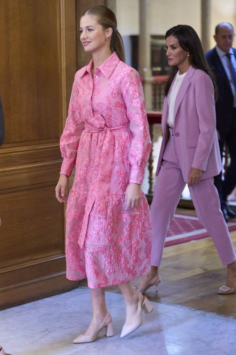 Queen Letizia of Spain wore Hugo Boss suit with Isabel Abdó Carrie Slingback Pumps, Corterno Ring, Isabel Guarch Vents Earrings  at the traditional Princess of Asturias foundation audience.
 
Princess Leonor of Spain wore a Simorra Midi Long Shirt Dress, Mascaro Renata Pumps and her mother’s gold hoops at the Princess of Asturias awards audience. 

Infanta Sofia of Spain wore a Sandro Dress with Massimo Dutti flats at the Princess of Asturias awards audience.