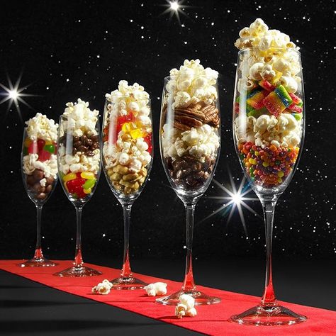 “Get fancy schmancy for the red carpet event tonight with sweet and salty snacks in stemware.” Hollywood Sweet 16, Sweet And Salty Snacks, Hollywood Birthday Parties, Oscars Party Ideas, Red Carpet Theme, Hollywood Birthday, Hollywood Party Theme, Red Carpet Party, Hollywood Theme