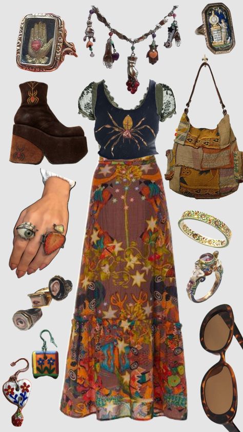 Whimsical Astethic Outfits, Boho Mom Style Summer, Corvidcore Fashion, Sun Inspired Outfit, Whimsical Outfit Aesthetic, Mom Style Summer, Fairycore Outfits, Witchy Outfit, Earthy Outfits