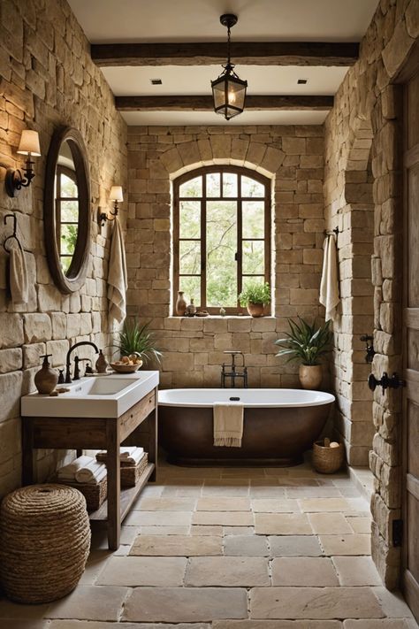 Spanish Style Home Bathroom, Tuscany Bathroom Ideas, Mediterranean Small Bathroom, Stone Wall Bathroom Master Bath, Old Italian Bathroom, Meditterean Bathroom, Stone Wood Bathroom, Stone And Wood Interior, Tuscan Bathroom Ideas Rustic Italian