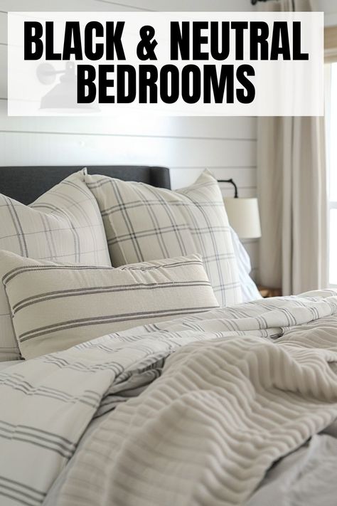 Dive into a collection of 50+ modern and cozy neutral and black bedroom ideas, suitable for any space size. Discover stylish decor inspiration! Monochromatic Neutral Bedroom, Black And Ivory Bedding, Black White Brown Bedroom Ideas, Cream Black White Bedroom, Gender Neutral Guest Bedroom, Tan Bedroom Ideas Neutral Tones, Black Neutral Bedroom, Bedroom Ideas Black Furniture, Black And Neutral Bedroom