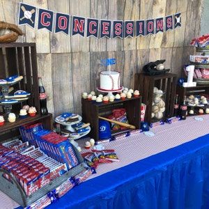 Baseball Concessions, Dodgers Birthday Party, Baseball Theme Birthday Party, Concessions Banner, Baseball Theme Birthday, Baseball Baby Shower Theme, Baseball First Birthday, Baseball Theme Party, Sports Baby Shower