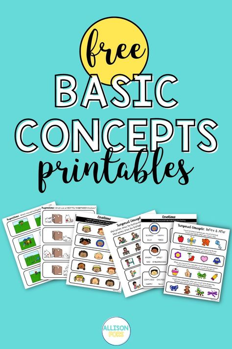 Understanding basic concepts is an essential foundation of speech and language development. Use these FREE printable speech therapy worksheets to teach basic concepts in a fun way! Free Slp Resources, Speech Therapy Freebies, Speech Therapy Flashcards Free Printable, Speech Therapy Free Printables, Aac Activities Speech Therapy Free, Concept Activities Preschool, End Of The Year Speech Therapy Activity, Ablls Activities Free Printables, Speech Therapy Worksheets Free Printable