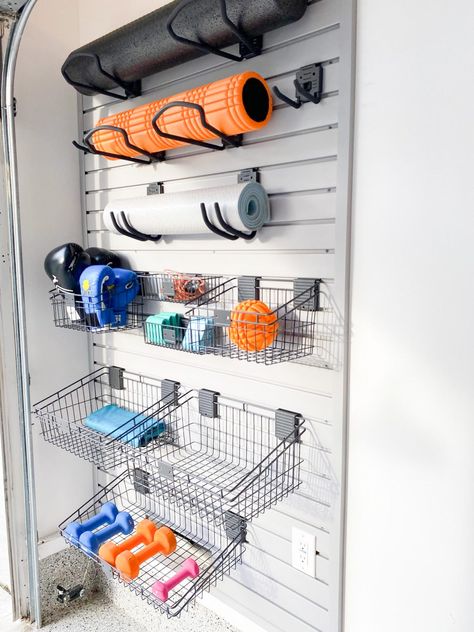 13 Clever Garage Organization Ideas | Real Simple Organisation, Home Gym Organization Ideas, Gym Organization Ideas, Sports Equipment Organization, Home Gym Organization, Casa Garage, Gym Organizer, Garage Storage Inspiration, Garage Organization Ideas