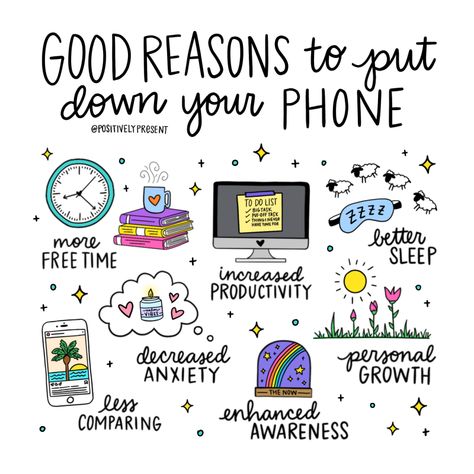 Put-Down-the-Phone-Positively-Present Phone Detox, Put Your Phone Down, Detox Challenge, Social Media Detox, Social Media Break, Break Bad Habits, Digital Detox, Little Doodles, Instagram Accounts To Follow