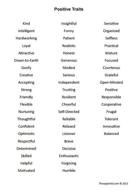 Positive Personality Traits - goals to work for, words to learn & use about ourselves. Interestingly "sensitivity" is on there. Most sensitive people, think sensitivity to be a weakness - hey guys its not!!!. I would also add empathy as a major strength. Therapy Worksheets, Positive Personality, Positive Personality Traits, Positive Traits, Sensitive People, Book Writing Tips, Open Minded, Writing Words, Personality Traits