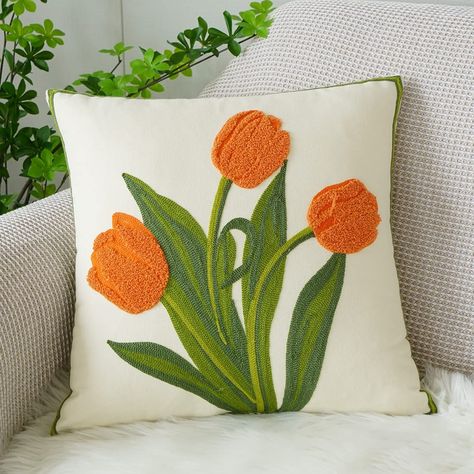 Throw Pillows For Bed, Pillows For Bed, Tulip Pillow, Orange Cushion Covers, Orange Cushions, Leaves Pillow, Embroidered Canvas, Tulip Design, Nordic Decor