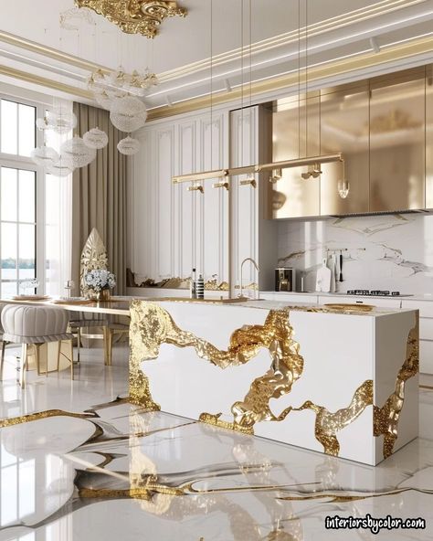 White Kitchen with Gold Accents - Interiors By Color Glamorous Kitchen Modern, White And Gold Kitchen With Island, White Gold Kitchen Modern, Kitchen Ideas Gold And White, White And Gold Microwave, Gold Finishes Kitchen, White And Golden Kitchen, Gold And White Backsplash, Gold And White Kitchen Ideas