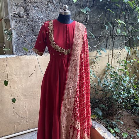 Hand embroidered Anarkali with banarasi handloom  dupatta / anarkali suit set / anarkali dupatta USA  / Indian dresses/ voggish USA Yellow Suit With Red Dupatta, Red Anarkali Suits Long Sleeve, Suits With Bandhani Dupatta, Crepe Anarkali Suits, Bandhej Dupatta Suits, Red Duppata Contrast Suit, Handwork Anarkali Suits, Full Gher Anarkali Dress, Red Anarkali Suits Designer