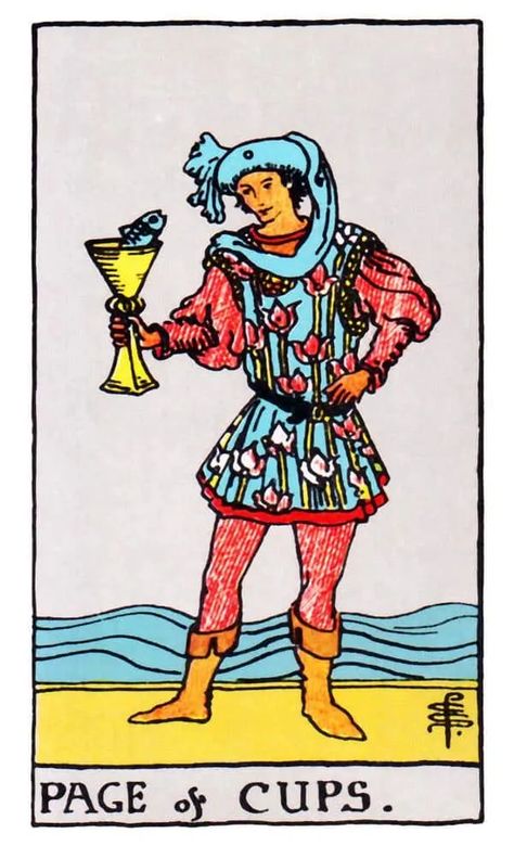 Page of Cups Tarot Card Meaning: Love, Health, Money & More Page Of Cups Tarot, Page Of Cups, King Of Cups, Free Tarot Cards, King Of Wands, Knight Of Cups, Blue Sargent, Tarot Significado, Cups Tarot