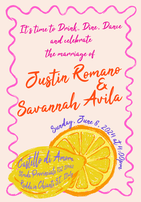 Custom wedding invite, lemon illustration, wavy line illustration, wavy line invitation, wedding invitation, hand drawn wedding invitation, Cheers drawing, wine glass drawing, line drawing, colorful wedding, colorful wedding invitation, lemon wedding, orange and pink wedding invite Fun Invite Design, Fun Party Invitations, Sunset Invitation Design, Italian Summer Invitation, Italian Birthday Invitation, Ibiza Invitation, Summer Party Invite Design, Wedding Invitations Colorful, Hand Drawn Invitations