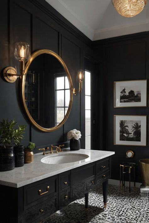 Dive into the elegance of Tricorn Black (SW 6258) in your bathroom design routine. Create a moody and sophisticated escape with this bold black hue! #Ad #homedecor #homedesign #bathroom #Painthome interiorarchitecture best Wall Colors for Bathroom Colors
Bright Room Colors
best colors combinations bathroom
bathroom Remodeling
Modern Paint Colors
2024 Black Wallpaper Bathroom Half Baths, Black Traditional Bathroom, Black Vanity Green Walls, Bathroom Black Walls Ideas, Black Paint For Bathroom Walls, Moody Marble Bathroom, Half Black Wall Bathroom, Bathroom Paint Colors With Black Vanity, Black Bathroom Walls Paint