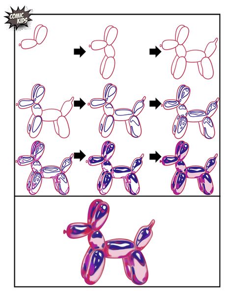 How to draw Jeff Koons Balloon Dog Free Art History Page Dog Balloon Art, Dog Ballon Draw, Balloon Dog Art Lesson, Jeff Koons Balloon Dog Art Lesson, Ballon Art Drawing, Ballon Dog Art, Balloon Dog Drawing Tutorial, How To Draw A Paw Print, Balloon Dog Tutorial