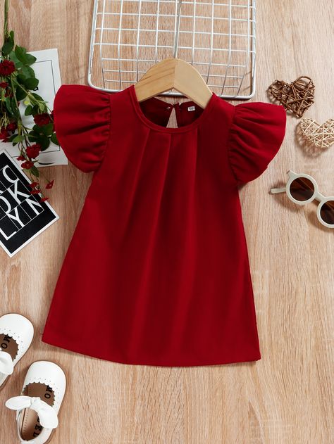 Red Cute Collar Cap Sleeve Polyester Plain Tunic Embellished Non-Stretch Summer Baby Clothing Couple Lebaran, Dress Natal, Baby Cotton Dress, Baby Tunic, 5 Month Baby, Red Frock, Frocks For Kids, Plain Tunic