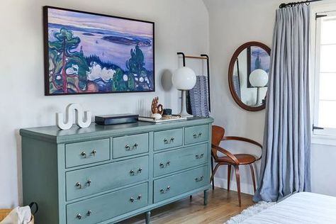 See how these blue tones in the room decor results in a structured yet serene atmosphere! How To Layout A Bedroom For Optimal Rest: 5 EHD-Tested Layouts + Help Jess Choose Hers | blue dresser, bedroom decor, dresser Gallery Wall Grid, Tv Over Fireplace, Large Gallery Wall, Studio Apartment Living, Bedroom Upgrade, Living Room Reveal, Bedroom Updates, Open Dining Room, Shared Room