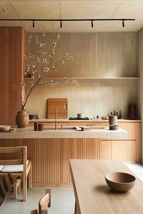 Japandi style kitchen with neutral tones and streamlined design. Japanese Interior Design Kitchen, Japandi Interior Design Kitchen, Japandi Interiors Kitchen, Japandi Kitchen Ideas, Japandi Style Kitchen, Japandi Kitchen Design, Neutral Kitchen Designs, Zen Kitchen, Japanese Style Kitchen