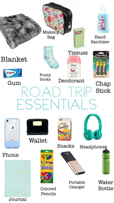 Road Trip Essentials! What to bring with you on your next road trip! #roadtrip #roadtripessentials #travel #travelessentials Schul Survival Kits, Roadtrip Essentials, Trip Essentials Packing Lists, Road Trip Bag, Tenk Positivt, Road Trip Kit, Packing Essentials List, Travel Packing Checklist, Best Travel Bags