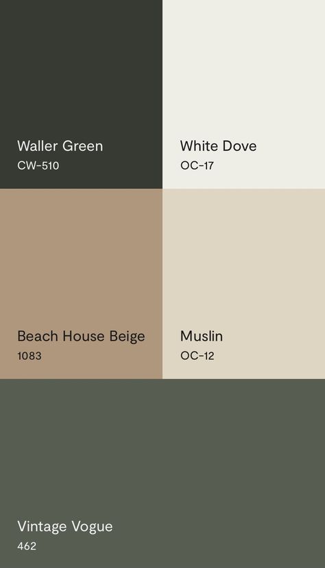 Beige Walls Color Scheme, White Walls With Molding, Dark Olive Vs Vintage Vogue Benjamin Moore, Benjamin Moore Paint Color Schemes, Moody House Colors, Relaxed Modern Living Room, Benjamin Moore Colour Palettes, Dark Neutral Color Palette Living Room, Bungalow Interior Color Schemes