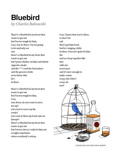 Bukowski Tattoo Ideas, Bluebird Charles Bukowski, Charles Bukowski Bluebird, Bukowski Bluebird, Bird Poetry, Blue Bird Tattoo, Charles Bukowski Poems, Bluebird Painting, Bluebird Tattoo