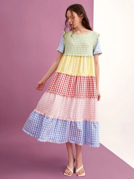 SHEIN X PINO STUDIOS Gingham Print Colorblock Frill Trim Smock Dress | SHEIN USA Check Fabric Dress, Check Fabric Dress Design, Couture, Pastel Dress Outfit, Maxi Dress Styles, Pastel Color Dress, Visual Clothing, Gingham Fashion, Check Dress