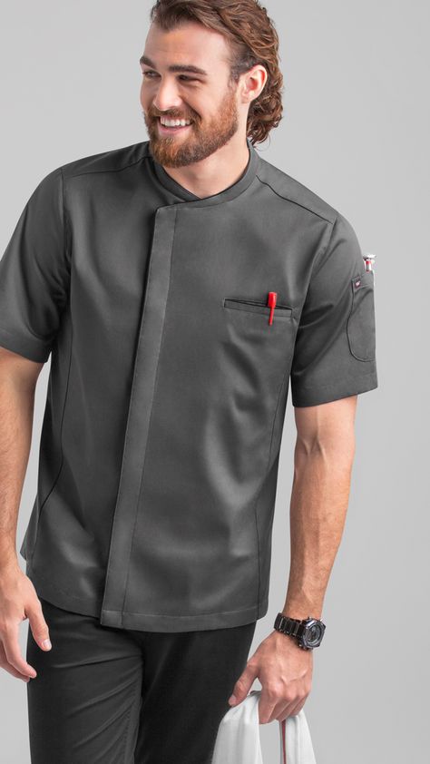 This chef coat includes a pocket on the chest and the left sleeve. Back mesh panels and back yoke details complete the look of this modern chef coat Chef Coats Mens, Chefs Jacket Design, Chef Jacket Design Men, Chefs Coat, Chef Coat Design, Chef Jackets Design, Chefs Jacket, Men's Chef Jacket, Chef's Jackets