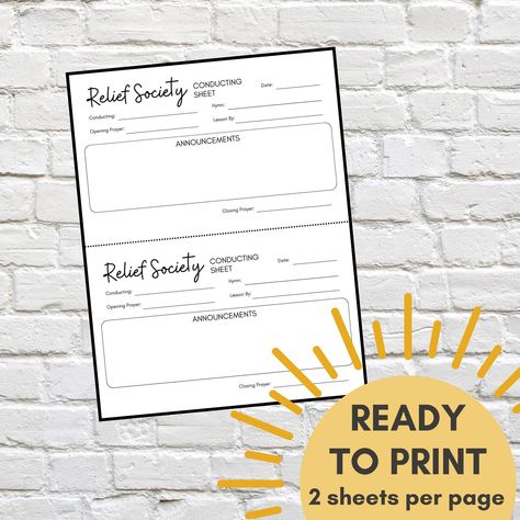 🌟🌟PLEASE NOTE THAT THIS IS A DIGITAL ITEM AND NO PHYSICAL PRODUCT WILL BE SHIPPED TO YOU🌟🌟 Open Your Relief Society Meetings with Ease! This beautifully designed LDS Relief Society conducting sheet is perfect for leaders who want to keep their meetings organized and running smoothly. The digital download includes a PDF file or JPG that you can easily print or share digitally to fit the needs of your ward or branch.  Product Details: Instant Download: Receive your files immediately after purchase--no waiting for shipping! Formats Included: Comes in both JPG and PDF formats for easy printing and digital use. High-Quality Design: Features a clean, easy-to-read layout. Comprehensive RS Conducting Outline: Includes all the essentials you'll need for a successful and enjoyable Relief Society Physics, Relief Society Conducting Sheet, Closing Prayer, Lds Relief Society, Opening Prayer, Printed Matter, Relief Society, Letter Size, Labour Day