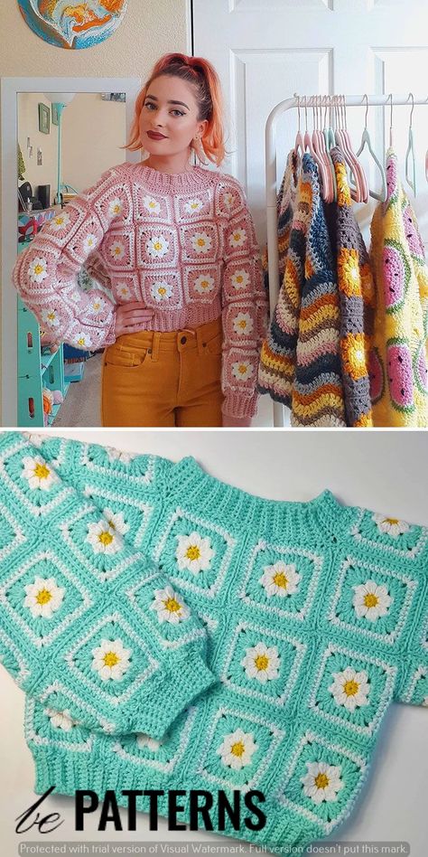 granny squares crochet for beginners Easiest Beginner Crochet Project, Clothing To Crochet, Crochet Sweater Squares, Granny Square Sweater Layout, Clothes With Crochet, Easy Crochet Clothes Patterns Free, Granny Square Sweater Pattern Free, Crochet Sweater Granny Square, Crochet Flower Sweater