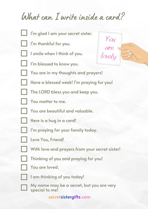 Secret Sister Card Ideas, Gift Ideas For Secret Sister, Secret Sister Gifts Ideas, Secret Sister Note Ideas, Secret Sister Gift Ideas Church Unique, Secret Sister Reveal Ideas, Secret Sister Gift Ideas For Work, Secret Sister Gifts For Church, Secret Sister Gift Ideas Church Women's Ministry