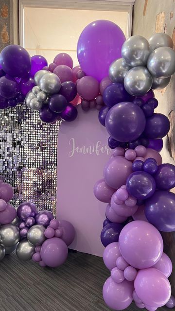 Sweet 16 Balloon Decor Purple Butterfly Balloon Arch, Sweet 16 Party Themes Color Schemes, Purple And Silver Sweet 16, Sweet 16 Party Ideas Purple, Purple And Silver Balloons, Purple Sweet 16 Decorations, Purple And Silver Birthday Party, Purple Sweet Sixteen, Sweet 16 Venues