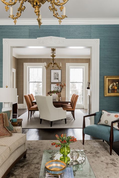 Grasscloth Wallpaper Dining Room, Living Room Dining Room Combo, Transitional Dining Room, Sala Grande, Dining Room Combo, Decoracion Living, Traditional Living, Blue Living Room, Traditional Living Room