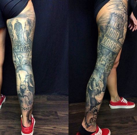 Horror leg sleeve Horror Leg Sleeve, Tattoos Scary, Tattoos Horror, Halloween Tattoos Sleeve, Horror Tattoos, Horror Movie Tattoos, Zombie Tattoos, Tattoo Thoughts, Monster Tattoo