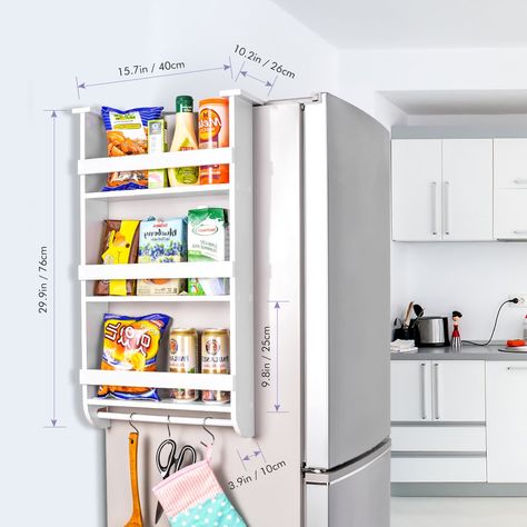 Side Of Fridge Storage, Side Of Refrigerator Ideas, Over Fridge Storage, Fridge Side Storage, Side Of Fridge, Kitchen Narrow, Kitchen Cabinet Plans, Paper Towel Storage, Black Fridges