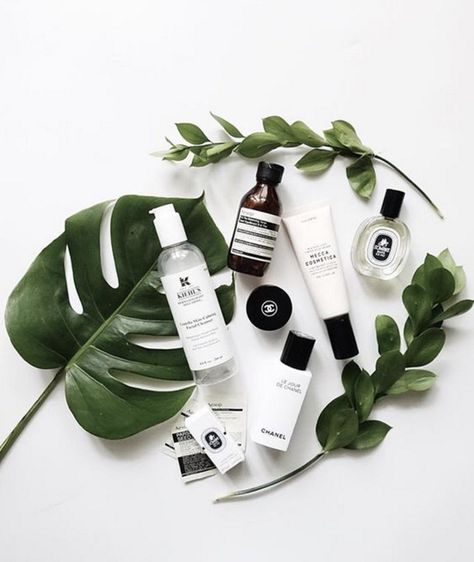 all white surface for flatlay featuring large green leaves, foliage, and skin care line with various products. Clean look Skincare Flatlay Product Photography, Product Placement Ideas, Skincare Luxury, Mecca Cosmetica, Skincare Ideas, Products Photography, Product Placement, Product Styling, Cosmetics Photography