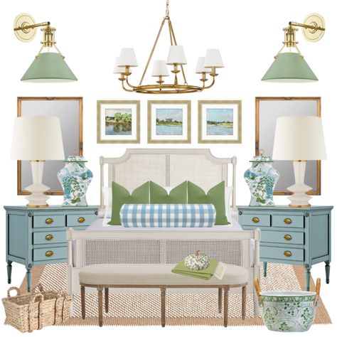 Green And Blue Bathroom Decor, Grandmillenial Mantel Decor, Hydrangea Bedroom Decor, Blue Green Master Bedrooms Decor, Preppy Guest Bedroom, Grand Melinnial Style Bedroom, Southern Guest Bedroom, Key West Bedroom, Southern Living Bedroom