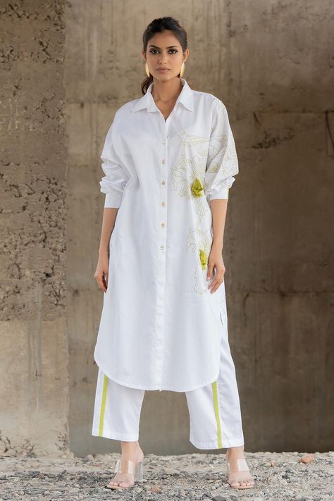 Kurta Co Ord Set, White Co Ord Set Women, Shirt Kurta Woman, Front Button Kurti Design, Pooja Keyur, White Co Ord Set, Stylish Kurtis, Stylish Kurtis Design, Coord Sets