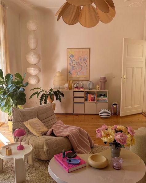 togo sofa interior design room inspo ✧˚ ༘ House Color Ideas Interior, Neutral With A Pop Of Color, Light Colorful Living Room, Girly Boho Living Room, Living Room Decor Apartment Ideas, One Room Apartment Ideas, Light Living Room Ideas, Colorful Japandi, Moving Out Aesthetic