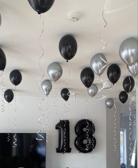 Black And Silver Mens Birthday, Black Silver Bday Decor, Black And Chrome Birthday, Silver Black Theme Party Decoration, Black Silver White Birthday Decor, 18th Ideas Party, Black And Sliver Balloons, 18th Birthday Silver Theme, Black Themed 18th Birthday Party