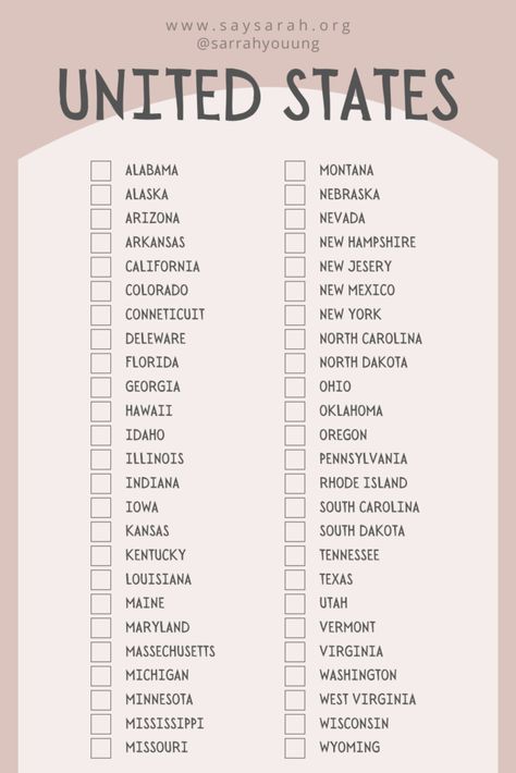 List Of 50 States Printable, States To Visit In The Us, Travel All 50 States, 50 State Road Trip, 50 States Travel Checklist, Visit All 50 States Bucket List, Things To Do In Each State, United States Bucket List, 50 States Road Trip