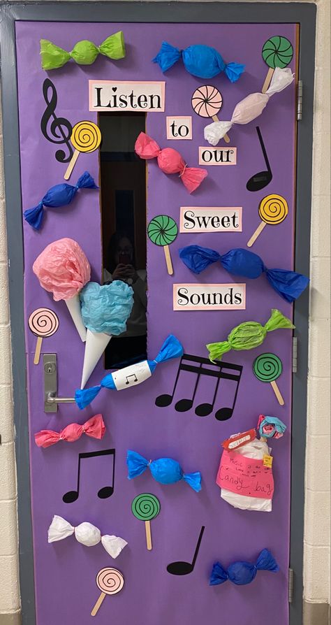 I used tissue paper to make the candies. The music notes were printed on a circuit. Lollipops are construction paper and tongue depressors. Music Makes Life Colorful, Musical Bulletin Board Ideas, Music Room Door Ideas, Music Teacher Door Decoration, Music Class Door Decor, Music Door Decorations Classroom, Preschool Music Classroom Decor, Back To School Music Bulletin Boards, Music Classroom Door Ideas