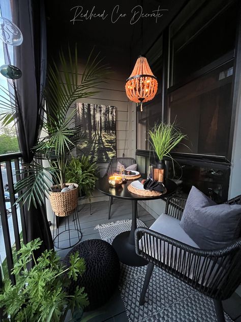 How to Create a Romantic Botanical Summer Apartment Balcony - Redhead Can Decorate Vibey Apartment Patio, Balcony Chandelier Ideas, Outdoor Condo Patio Ideas, Grass Wall Balcony Apartment, Outdoor Patio Apartment Ideas, Cool Small Apartment Ideas, Patio Inspo Apartment, Patio Furniture Ideas Apartment, Screened In Balcony Decorating Ideas