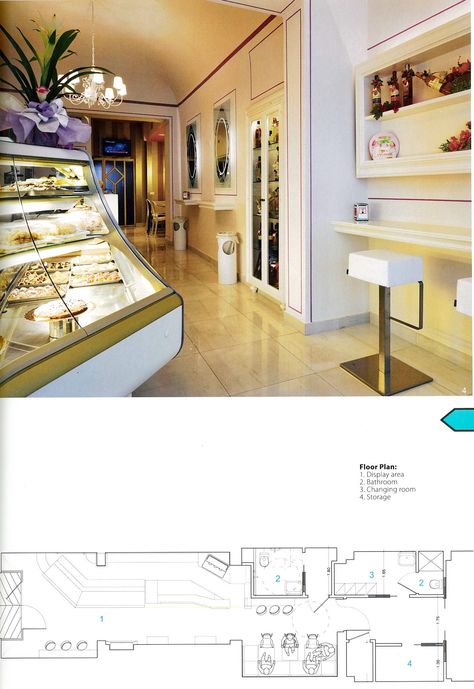 The floor plan drawing shows the display case on an angle at the front of the store to improve visibility and sales. -JT Cake Shop Interior Design, Bakery Factory, Starbucks Uk, Factory Layout, Modern Bakery, Bakery Store, Shop Small Quotes, Christmas Trees For Kids, Retail Signage