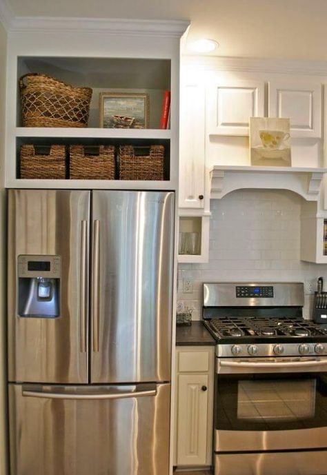 As you can see, it isn’t too hard to fit cabinets around the refrigerator in an efficient way! More decor and other interesting ideas at hackthehut.com Top Of Refrigerator Decor, Above Refrigerator, Above The Fridge, Refrigerator Decor, Cabinet Fridge, Refrigerator Ideas, Refrigerator Cabinet, Fridge Storage, Casa Country