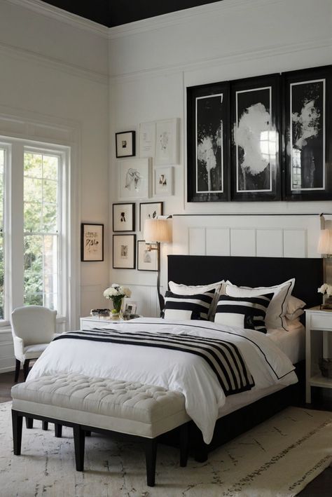 Discover the timeless elegance of Benjamin Moore's Decorators White for striking black and white contrast in your decor. Explore this classic combination for a sophisticated touch. #ad     #Colortrend #wallpaint2024  #color2024  #DIYpainting  ##DIYhomedecor  #Fixhome Black And White Parisian Bedroom, White Parisian Bedroom, Interior Design Black And White, Alder Wood Kitchen Cabinets, Black And White Colonial, Benjamin Moore Beach Glass, Decorators White, White Benjamin Moore, Walnut Wood Kitchen