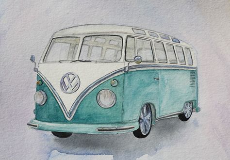 Vw Bus Watercolor, Volkswagen Bus Drawing, Vw Bus Painting, Dodge Charger Art, Car Watercolor Painting, Combi Hippie, Van Drawing, Charger Art, Car Watercolor