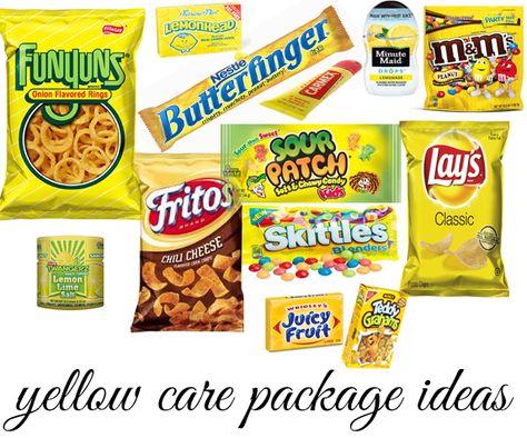 Care Package - yellow theme  (forgot Gushers) Yellow Themed Snack Basket, Yellow Packaged Snacks, Color Theme Party Snacks Yellow, Yellow Color Basket Party, Yellow Food Basket, Yellow Snacks Party, Yellow Theme Basket, Color Party Basket Ideas Yellow, Yellow Themed Basket
