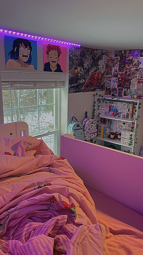 Dream Rooms Anime, Room Decor Anime Aesthetic, Anime Style Room Ideas, Anime Themed Bedroom Aesthetic, Cute Room Ideas Aesthetic Anime, Aesthetic Anime Rooms, Anime Room Inspo Aesthetic, Anime Inspired Room Decor, Aesthetic Room Ideas Anime