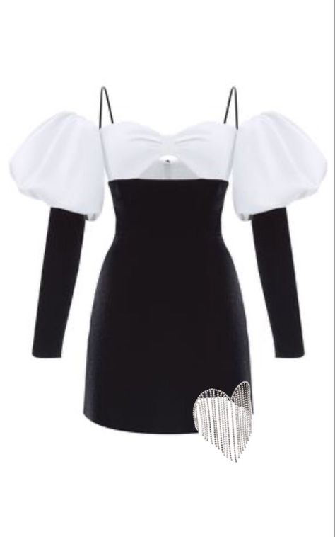 Award Show Dresses Black, White Performance Dress, White Award Show Dresses, Black And White Fancy Dress, Black Dress Kpop Idol, Black Dress Kpop Outfit, White And Black Dress Classy, Black And White Dress Short, Kpop Award Show Outfits Dress