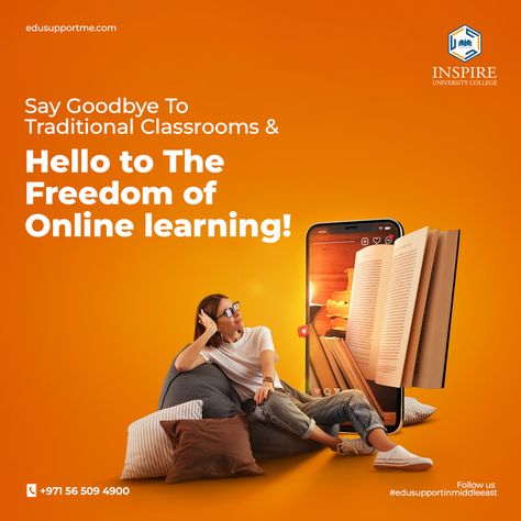 Want to learn from the comfort of your own home? Our online institute provides a high-quality education experience that you can access from anywhere in the world. With experienced instructors and engaging course content, you'll get the knowledge and skills you need to succeed.✨ #️⃣Follow us #edusupportinmiddleeast 📍To Apply 📞contact us at +971 56 509 4900 #distancelearninguae #distanceeducationdubai #onlinelearningplatformdubai Educational Creative Ads Design, Training Course Poster Design, Online Education Creative Ads, Study Creative Ads, Course Social Media Design, Quality Education Poster, Online Education Poster Design, Online Course Poster, Education Creative Ads