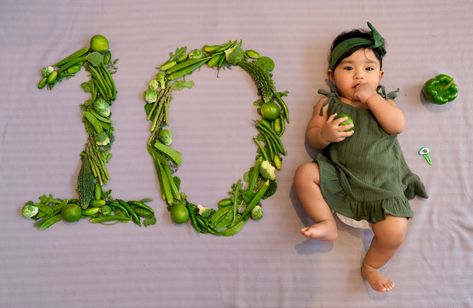 10th month milestone photography. August 6th 2022: 10th Month - Vegetable theme - Green Veggies. Idea, Costume, Arrangement and Photography is done by me(Mom) 😜🥦🥬🫑